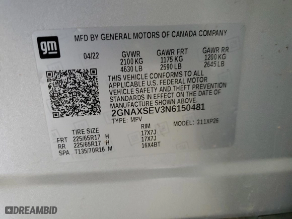 2022 Chevrolet Equinox LS with VIN 2GNAXSEV3N6150481, listed as a Copart auction lot 45839275 with 0 mi miles and Salvage Title. Bid and sale history available at carsss.com. Image 14.