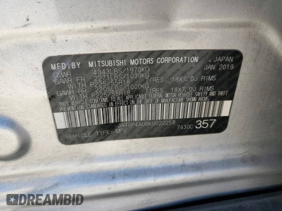 2019 Mitsubishi Outlander SE with VIN JA4AP4AU6KU022258, listed as a Copart auction lot 49253235 with 101,876 mi miles and Salvage title. Bid and sale history available at DreamBid. Image 15.