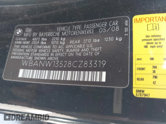 2008 BMW 5 Series 535i with VIN WBANW13528CZ83319, listed as a IAAI auction lot 42018968 with Not Provided miles and . Bid and sale history available at carsss.com. Image 9.