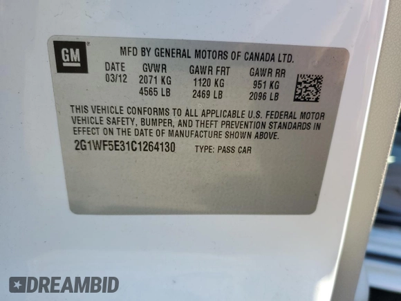 2012 Chevrolet Impala LS Fleet с VIN 2G1WF5E31C1264130, выставлен на аукционе Copart как лот 42772405 с пробегом 144 525 миль миль и Чистый • Clean title. История ставок и продаж доступна на DreamBid. Изображение 12.