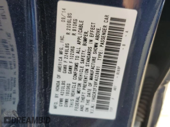 2015 Honda Accord LX with VIN 1HGCR2F39FA028691, listed as a Copart auction lot 52289735 with 141,922 mi miles and Salvage Title. Bid and sale history available at DreamBid. Image 12.