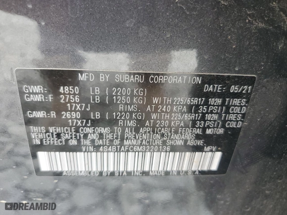2021 Subaru Outback Premium with VIN 4S4BTAFC6M3220136, listed as a Copart auction lot 50687735 with 33,693 mi miles and Salvage Title. Bid and sale history available at carsss.com. Image 13.