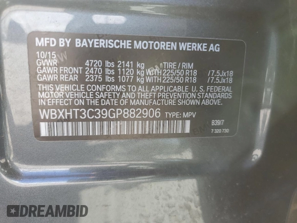 2016 BMW X1 xDrive28i with VIN WBXHT3C39GP882906, listed as a Copart auction lot 52409705 with 57,019 mi miles and Salvage Title. Bid and sale history available at carsss.com. Image 14.