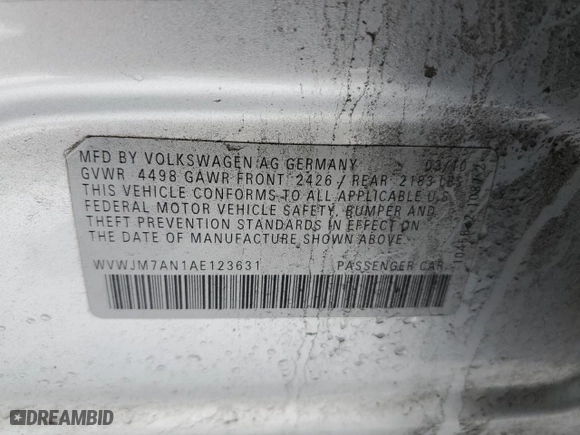 2010 Volkswagen Passat Sedan Komfort with VIN WVWJM7AN1AE123631, listed as a Copart auction lot 42870105 with 97,418 mi miles and Non Repairable. Bid and sale history available at carsss.com. Image 12.