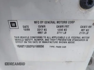 2000 Cadillac Eldorado Touring ETC z VIN 1G6ET1292YU188056, wystawiony jako IAAI lot #41671661 z przebiegiem 139 138 mil mil oraz . Historia ofert i sprzedaży dostępna na DreamBid. Obrazek 9.