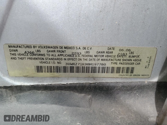 2008 Volkswagen Jetta SE with VIN 3VWRZ71K98M197780, listed as a Copart auction lot 56921725 with 172,801 mi miles and Salvage title. Bid and sale history available at DreamBid. Image 12.