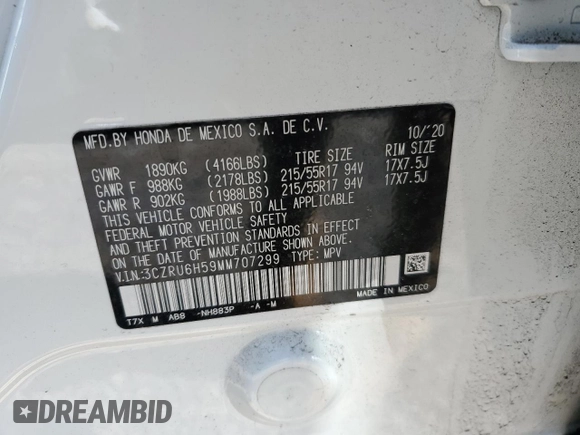 2021 Honda HR-V EX with VIN 3CZRU6H59MM707299, listed as a Copart auction lot 51252765 with 37,253 mi miles and Salvage Title. Bid and sale history available at carsss.com. Image 13.
