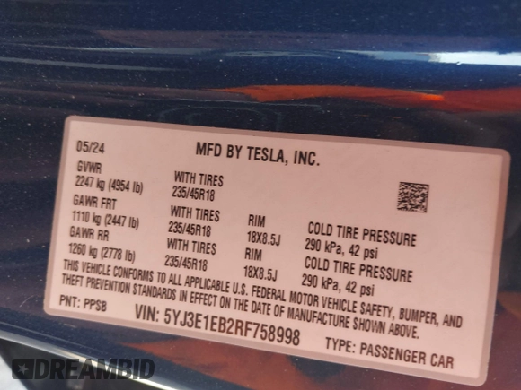 2024 Tesla Model 3 Long Range with VIN 5YJ3E1EB2RF758998, listed as a IAAI auction lot 41861108 with 14,531 mi miles and . Bid and sale history available at DreamBid. Image 9.