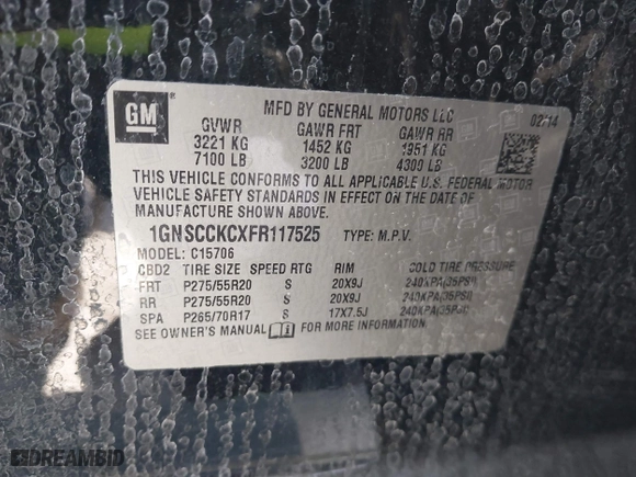 2015 Chevrolet Tahoe LTZ with VIN 1GNSCCKCXFR117525, listed as a IAAI auction lot 41839259 with 143,413 mi miles. Bid and sale history available at carsss.com. Image 9.