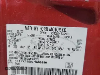 2007 Ford F-150 XLT with VIN 1FTPX14507NA69290, listed as a Copart auction lot 53051405 with Not provided miles and Salvage title. Bid and sale history available at DreamBid. Image 15.
