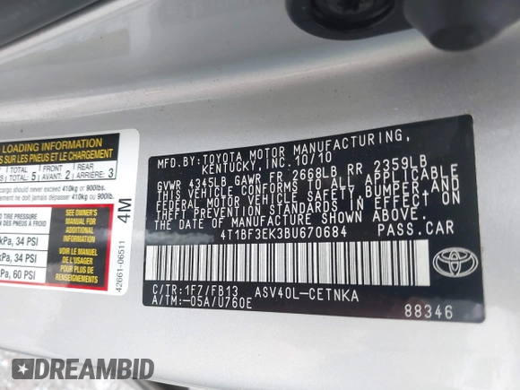 2011 Toyota Camry LE with VIN 4T1BF3EK3BU670684, listed as a IAAI auction lot 42019811 with 98,785 mi miles and . Bid and sale history available at DreamBid. Image 9.