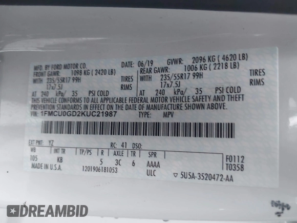 2019 Ford Escape SE with VIN 1FMCU0GD2KUC21987, listed as a IAAI auction lot 41463458 with 98,983 mi miles. Bid and sale history available at carsss.com. Image 9.