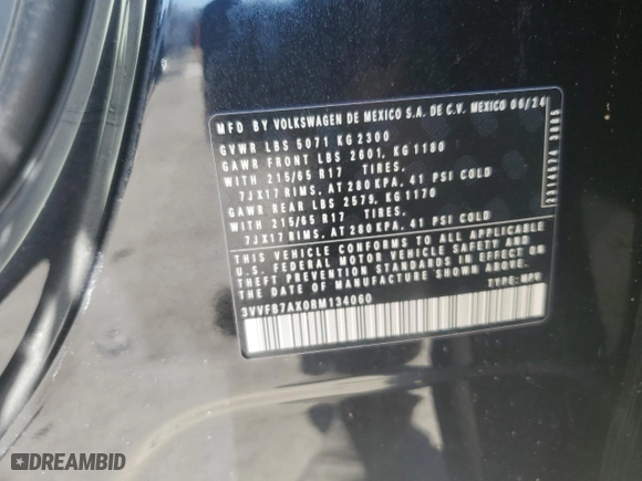 2024 Volkswagen Tiguan S with VIN 3VVFB7AX0RM134060, listed as a Copart auction lot 44733445 with 0 mi miles and Salvage Title. Bid and sale history available at carsss.com. Image 13.