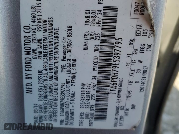 2014 Ford Fusion SE with VIN 1FA6P0H79E5397795, listed as a Copart auction lot 42215565 with 0 mi miles and Salvage Title. Bid and sale history available at carsss.com. Image 14.
