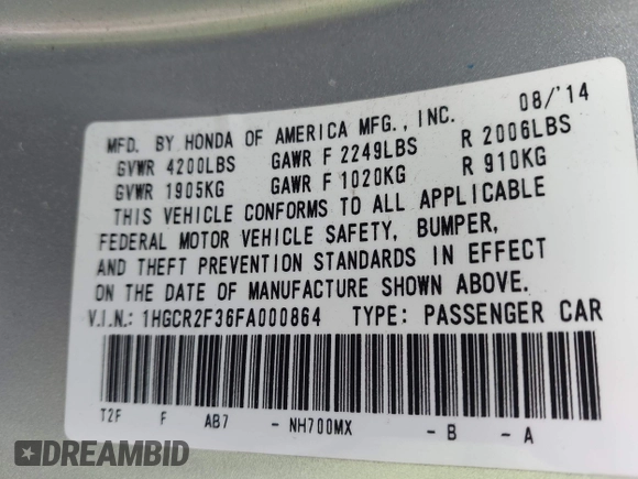2015 Honda Accord LX with VIN 1HGCR2F36FA000864, listed as a IAAI auction lot 41990265 with 141,807 mi miles. Bid and sale history available at carsss.com. Image 9.