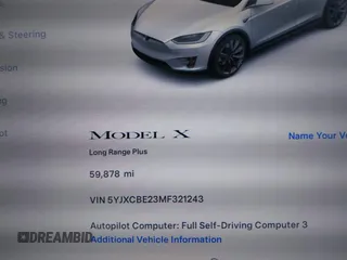 2021 Tesla Model X Long Range Plus with VIN 5YJXCBE23MF321243, listed as a IAAI auction lot 42100580 with 59,878 mi miles and . Bid and sale history available at carsss.com. Image 7.