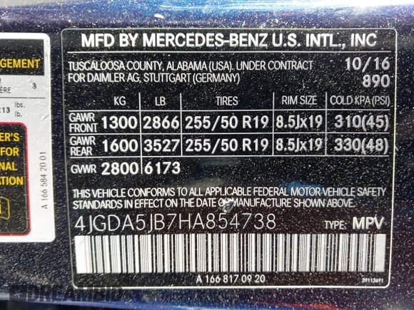 2017 Mercedes-Benz GLE 350 with VIN 4JGDA5JB7HA854738, listed as a IAAI auction lot 42183154 with 127,500 mi miles and . Bid and sale history available at DreamBid. Image 9.