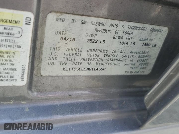 2010 Chevrolet Aveo 1LT with VIN KL1TD5DE5AB124590, listed as a Copart auction lot 51939505 with 156,211 mi miles and Salvage Title. Bid and sale history available at DreamBid. Image 13.