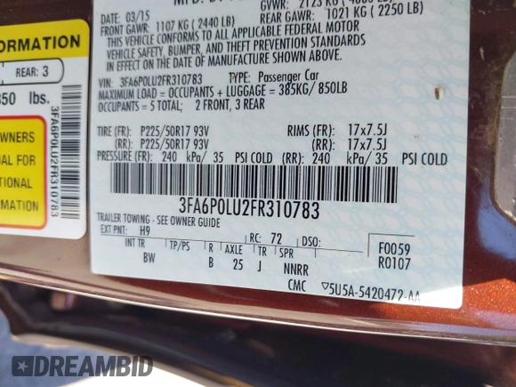 2015 Ford Fusion SE Hybrid с VIN 3FA6P0LU2FR310783, выставлен на аукционе IAAI как лот 42617746 с пробегом 47 264 миль миль и . История ставок и продаж доступна на DreamBid. Изображение 9.