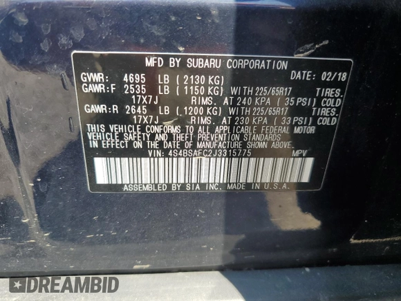 2018 Subaru Outback Premium with VIN 4S4BSAFC2J3315775, listed as a Copart auction lot 66050505 with 148,586 mi miles and Salvage title. Bid and sale history available at DreamBid. Image 13.