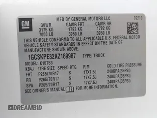 2010 Chevrolet Silverado 1500 with VIN 1GCSKPE32AZ189987, listed as a IAAI auction lot 41443898 with 175,896 mi miles and . Bid and sale history available at DreamBid. Image 9.