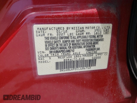 2012 Nissan Sentra 2.0 with VIN 3N1AB6AP0CL686712, listed as a Copart auction lot 57953395 with Not provided miles and Salvage title. Bid and sale history available at DreamBid. Image 12.