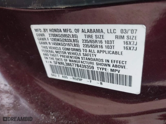 2007 Honda Odyssey EX-L with VIN 5FNRL38677B439359, listed as a IAAI auction lot 42014504 with 175,114 mi miles. Bid and sale history available at carsss.com. Image 9.