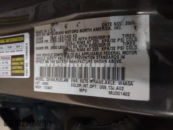 2010 Mitsubishi Endeavor SE z VIN 4A4JN3AS4AE011216, wystawiony jako IAAI lot #42048644 z przebiegiem 176 664 mil mil oraz . Historia ofert i sprzedaży dostępna na DreamBid. Obrazek 9.