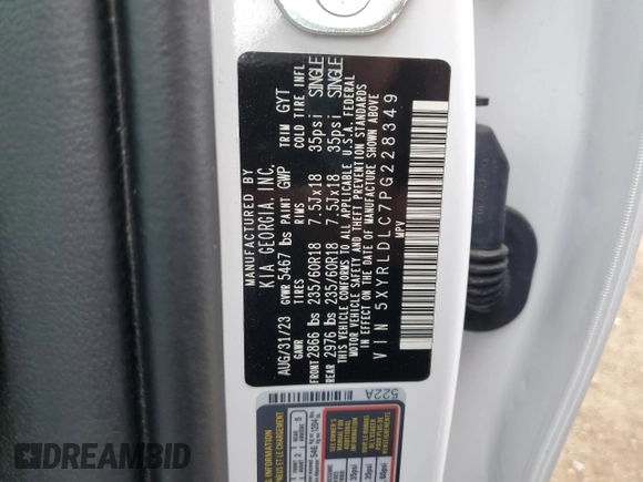 2023 Kia Sorento X-Line S with VIN 5XYRLDLC7PG228349, listed as a Copart auction lot 76688564 with Not Provided miles and Salvage Title. Bid and sale history available at carsss.com. Image 16.