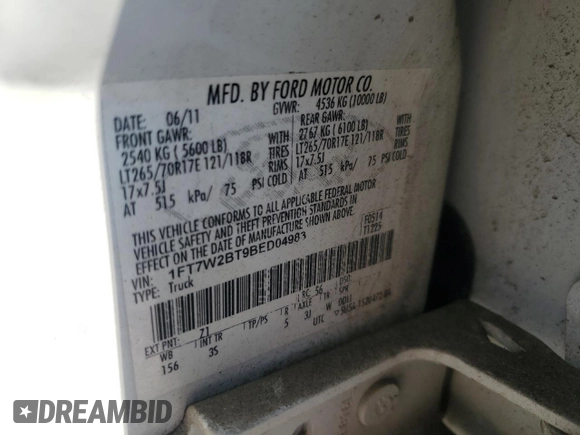 2011 Ford F-250 XL with VIN 1FT7W2BT9BED04983, listed as a Copart auction lot 61449545 with 252,940 mi miles and Clean title. Bid and sale history available at DreamBid. Image 12.