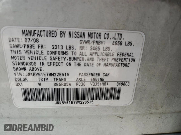 2008 Infiniti G35 Journey with VIN JNKBV61E78M226515, listed as a Copart auction lot 72430374 with 138,241 mi miles and Salvage Title. Bid and sale history available at DreamBid. Image 12.