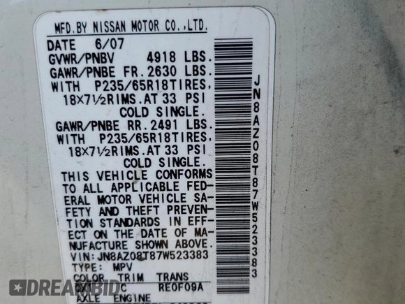 2007 Nissan Murano S z VIN JN8AZ08T87W523383, wystawiony jako Copart lot #53564715 z przebiegiem 187 549 mil mil oraz Szkoda całkowita • Salvage title. Historia ofert i sprzedaży dostępna na DreamBid. Obrazek 15.