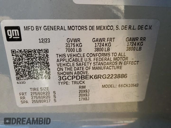 2024 Chevrolet Silverado 1500 Custom with VIN 3GCPDBEK6RG223886, listed as a Copart auction lot 41751785 with 23,300 mi miles and Salvage Title. Bid and sale history available at DreamBid. Image 12.