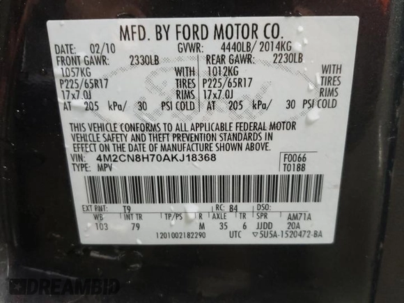 2010 Mercury Mariner Premier z VIN 4M2CN8H70AKJ18368, wystawiony jako Copart lot #85695854 z przebiegiem 183 194 mil mil oraz Nie do naprawy • Non repairable. Historia ofert i sprzedaży dostępna na DreamBid. Obrazek 13.