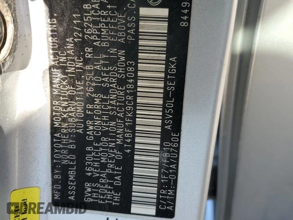 2012 Toyota Camry L with VIN 4T4BF1FK9CR184083, listed as a Copart auction lot 88463745 with Not Provided miles and Salvage Title. Bid and sale history available at carsss.com. Image 15.