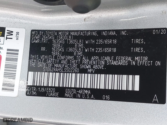 2020 Toyota Highlander XLE with VIN 5TDGZRAH5LS502260, listed as a IAAI auction lot 41743209 with 105,108 mi miles. Bid and sale history available at carsss.com. Image 9.