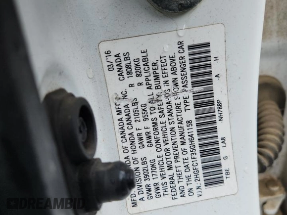 2016 Honda Civic EX-T с VIN 2HGFC1F35GH641158, выставлен на аукционе Copart как лот 59027175 с пробегом Не указан миль и Списание • Salvage title. История ставок и продаж доступна на DreamBid. Изображение 12.