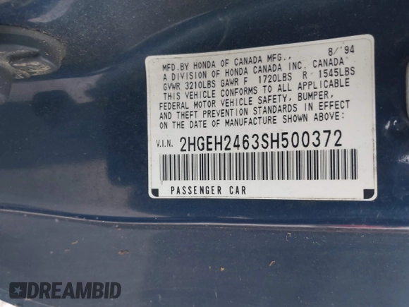 1995 Honda Civic z VIN 2HGEH2463SH500372, wystawiony jako IAAI lot #41785384 z przebiegiem 227 888 mil mil oraz . Historia ofert i sprzedaży dostępna na DreamBid. Obrazek 9.