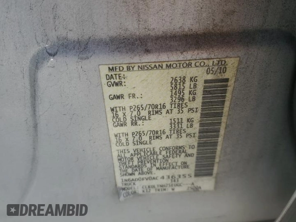 2010 Nissan Frontier SE with VIN 1N6AD0FV0AC436355, listed as a Copart auction lot 42575455 with Not provided miles and Salvage title. Bid and sale history available at DreamBid. Image 12.