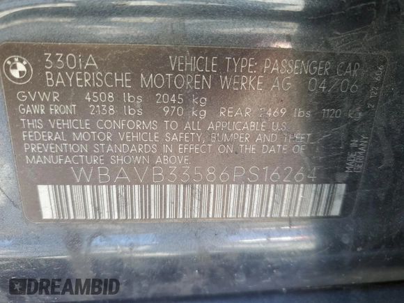 2006 BMW 3 Series 330i with VIN WBAVB33586PS16264, listed as a Copart auction lot 52257995 with 182,857 mi miles and Salvage Title. Bid and sale history available at DreamBid. Image 12.