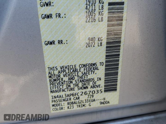 2015 Nissan Altima 2.5 with VIN 1N4AL3AP6FC267035, listed as a Copart auction lot 58044255 with 91,369 mi miles and Salvage title. Bid and sale history available at DreamBid. Image 13.