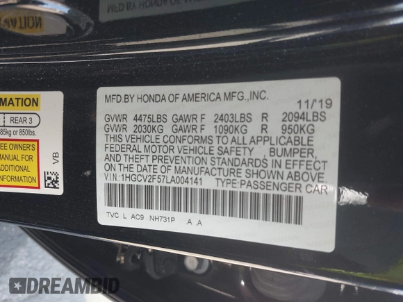 2020 Honda Accord EX-L with VIN 1HGCV2F57LA004141, listed as a IAAI auction lot 42136007 with 105,352 mi miles and . Bid and sale history available at DreamBid. Image 9.