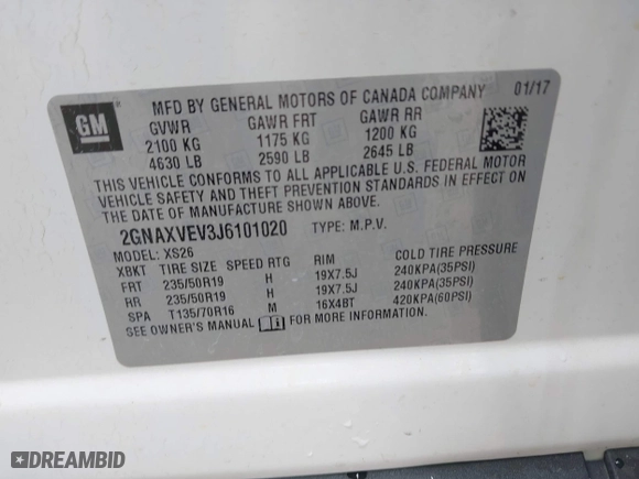 2018 Chevrolet Equinox Premier with VIN 2GNAXVEV3J6101020, listed as a IAAI auction lot 42038112 with 112,258 mi miles. Bid and sale history available at carsss.com. Image 9.