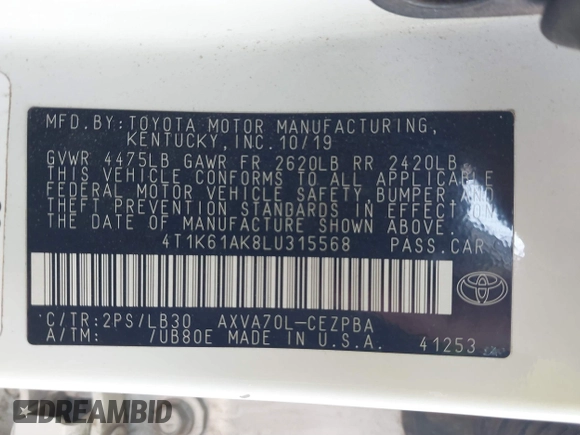 2020 Toyota Camry XSE with VIN 4T1K61AK8LU315568, listed as a IAAI auction lot 41887694 with 157,363 mi miles and . Bid and sale history available at DreamBid. Image 9.