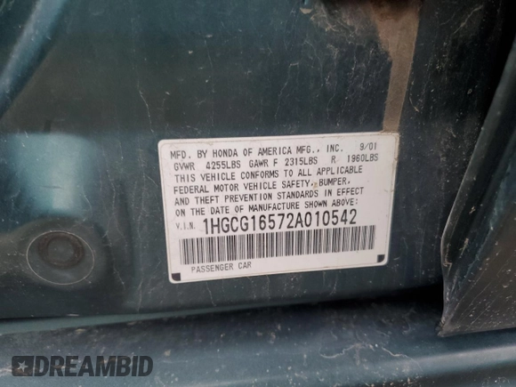 2002 Honda Accord EX z VIN 1HGCG16572A010542, wystawiony jako Copart lot #54746985 z przebiegiem Nie podano mil oraz Szkoda całkowita • Salvage title. Historia ofert i sprzedaży dostępna na DreamBid. Obrazek 12.