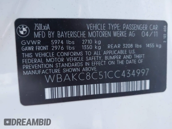 2012 BMW 7 Series 750Li xDrive с VIN WBAKC8C51CC434997, выставлен на аукционе IAAI как лот 41605961 с пробегом 115 330 миль миль и . История ставок и продаж доступна на DreamBid. Изображение 9.