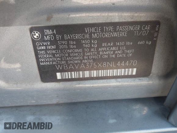 2008 BMW 3 Series 328i с VIN WBAVA375X8NL44470, выставлен на аукционе IAAI как лот 42677310 с пробегом 184 171 миль миль и . История ставок и продаж доступна на DreamBid. Изображение 9.