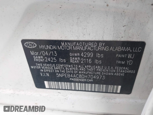 2013 Hyundai Sonata GLS with VIN 5NPEB4AC8DH704973, listed as a IAAI auction lot 41161470 with 127,902 mi miles and . Bid and sale history available at DreamBid. Image 5.