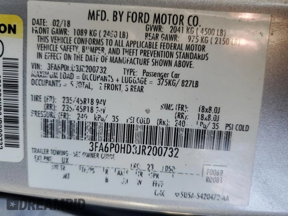2018 Ford Fusion SE with VIN 3FA6P0HD3JR200732, listed as a Copart auction lot 42681105 with 162,701 mi miles and Salvage Title. Bid and sale history available at DreamBid. Image 12.