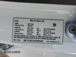 2025 Tesla Model 3 Long Range с VIN 5YJ3E1EA7SF001043, выставлен на аукционе Copart как лот 57250565 с пробегом 456 миль миль и Списание • Salvage title. История ставок и продаж доступна на DreamBid. Изображение 12.